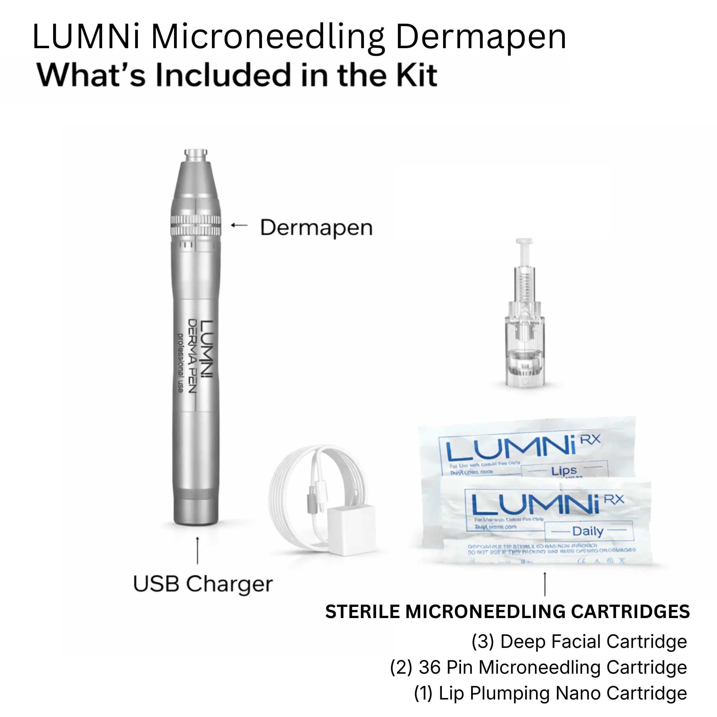 Lumni Professional Microneedling Dermapen kit showing sterile microneedling cartridge and microneedling contents
