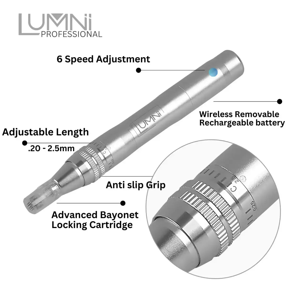 Lumni Microneedling at home pen with anti slip grip and wireless speed adjustments