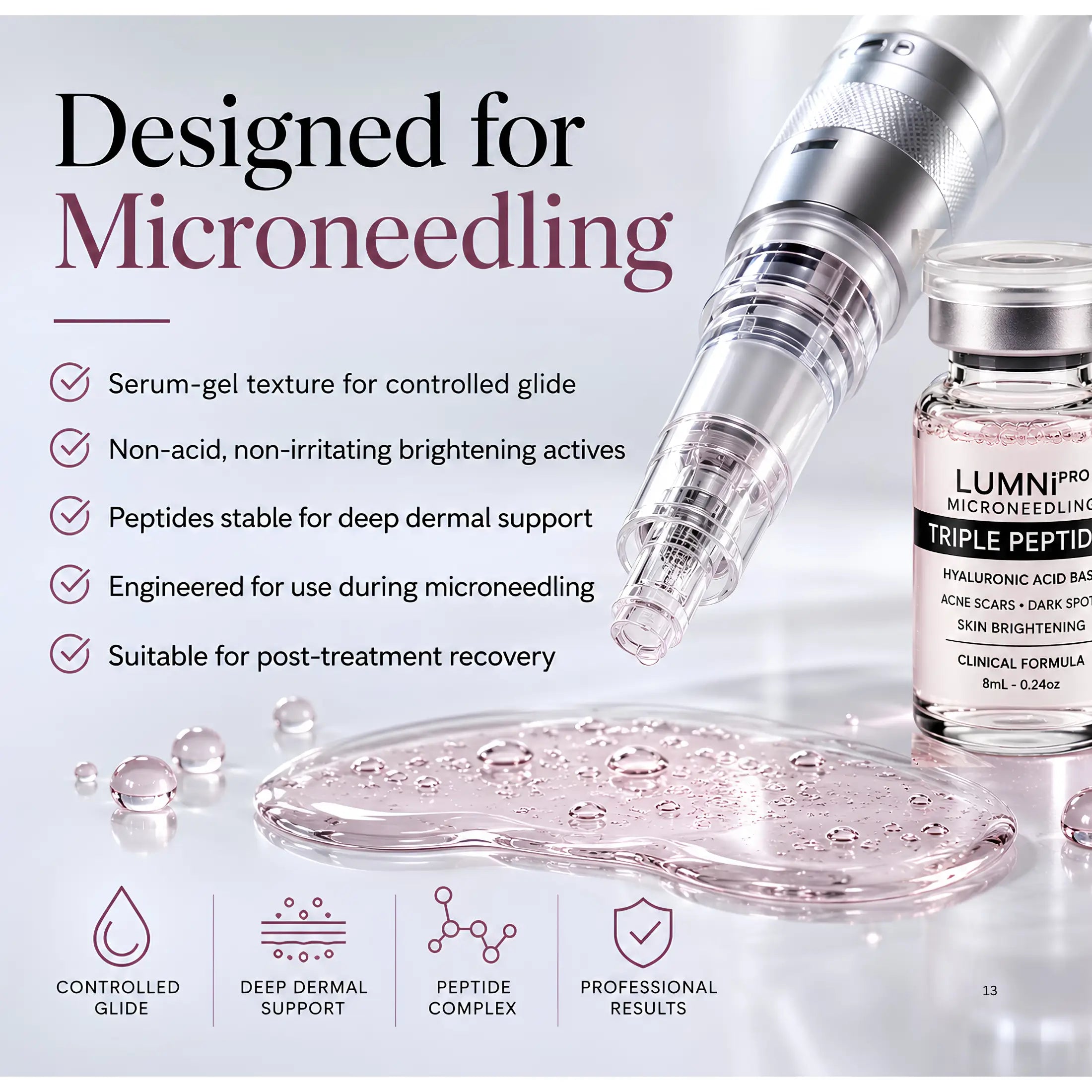 Professional Peptide microneedling serum with microneedling pen, designed for professional microneedling treatments targeting acne scars, dark spots, uneven skin tone and skin brightening.