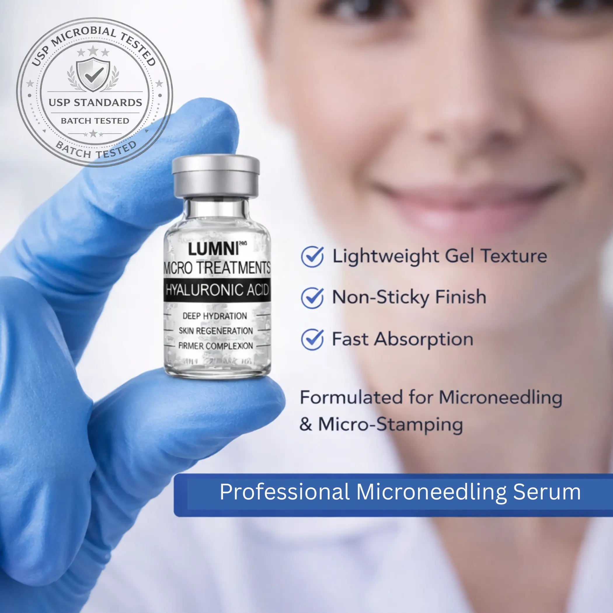 ab woman holding sterile vial of pure hyaluronic acid microneedling serum for professional