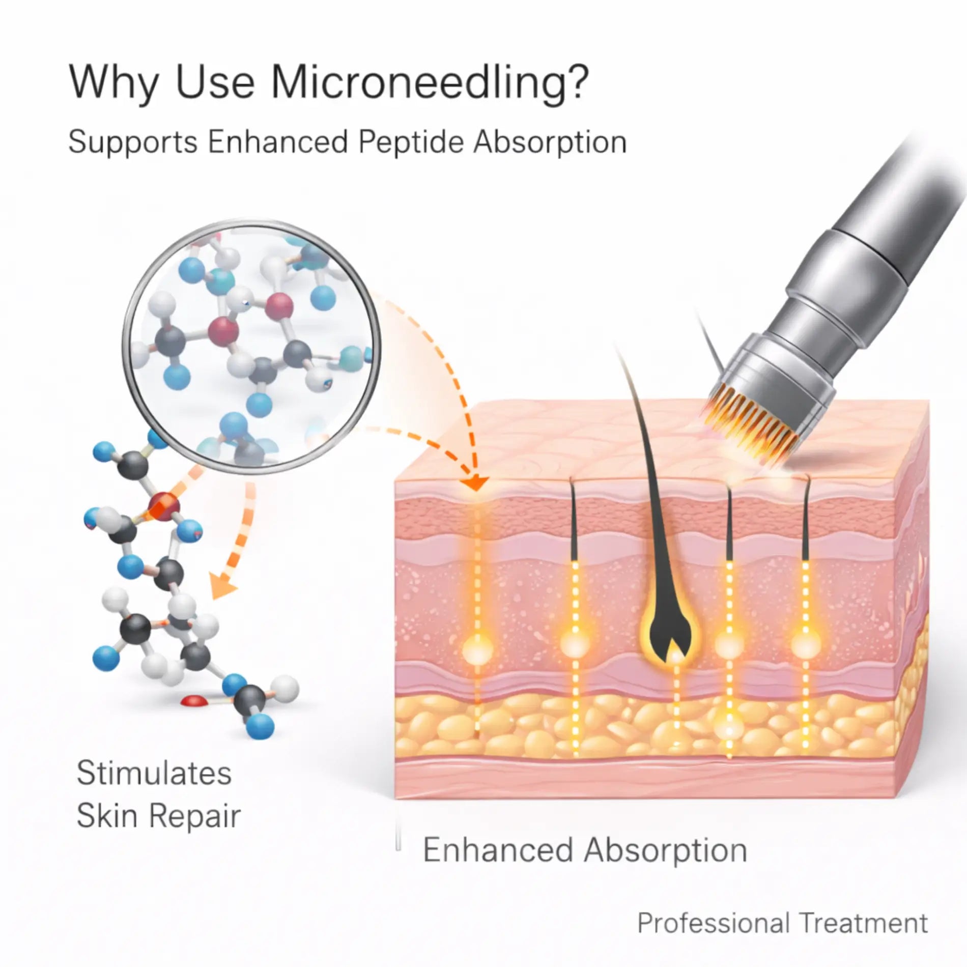 Educational diagram showing why microneedling is used with professional peptide serums to support enhanced absorption and skin repair pathways