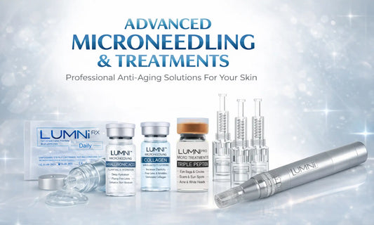 Lumni professional microneedling serums used during cosmetic microneedling treatments including hyaluronic acid, peptide, and collagen formulas
