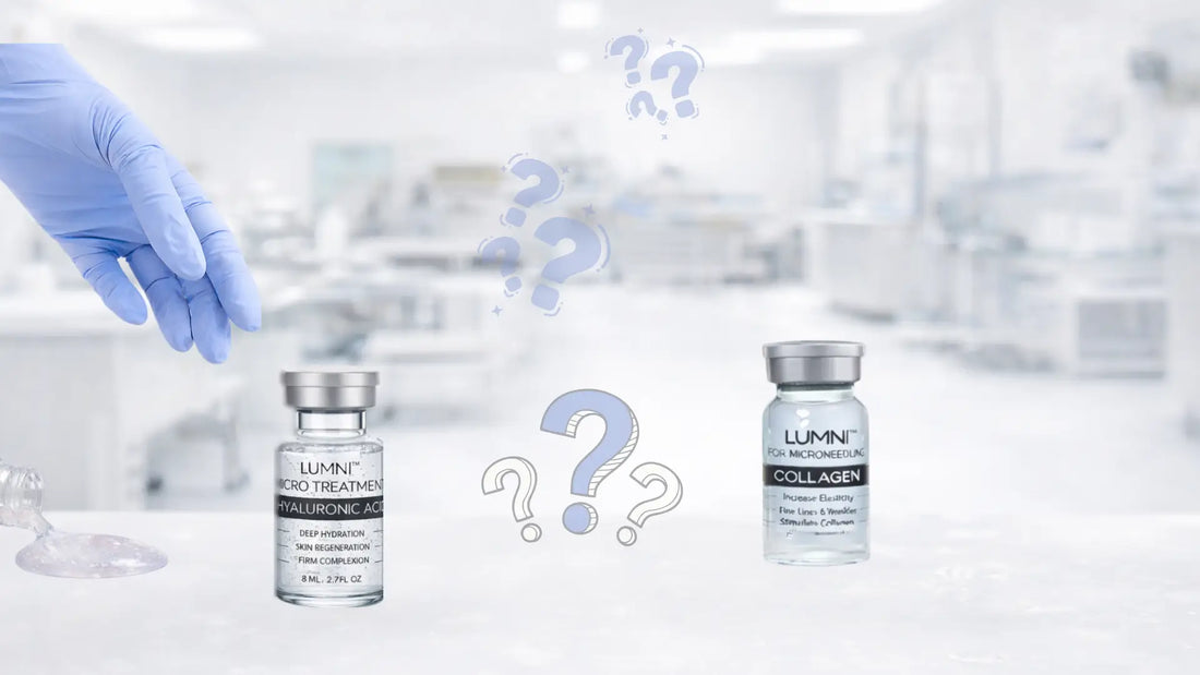 Collagen vs hyaluronic acid microneedling serums used during professional microneedling treatment