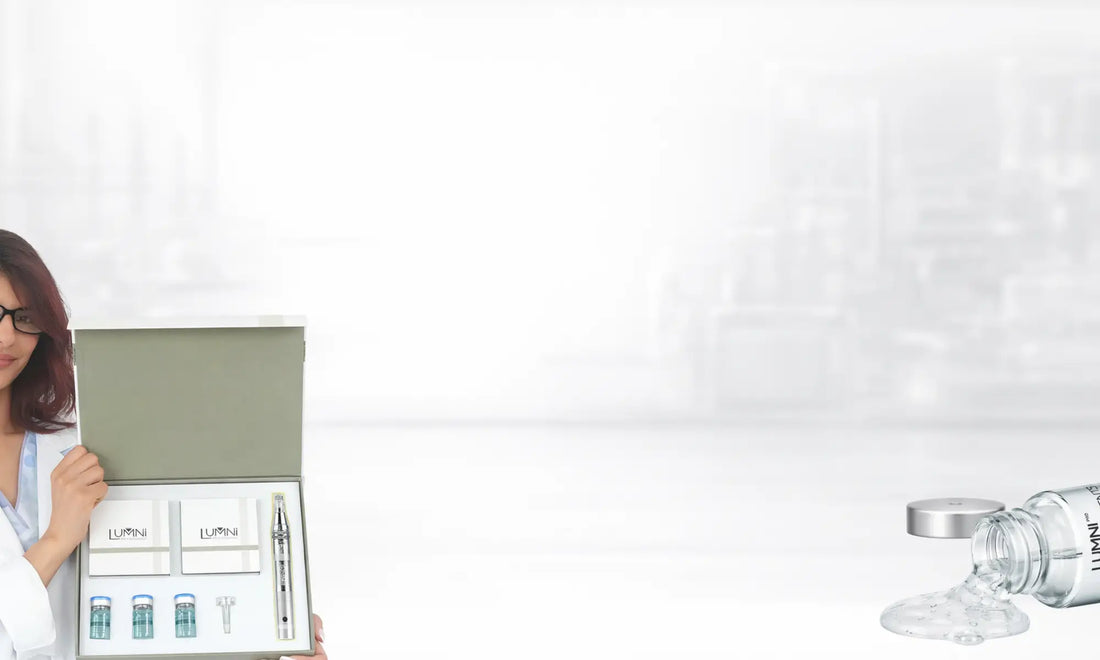dermatologist holding professional collagen microneedling serum kit in clinical treatment setting