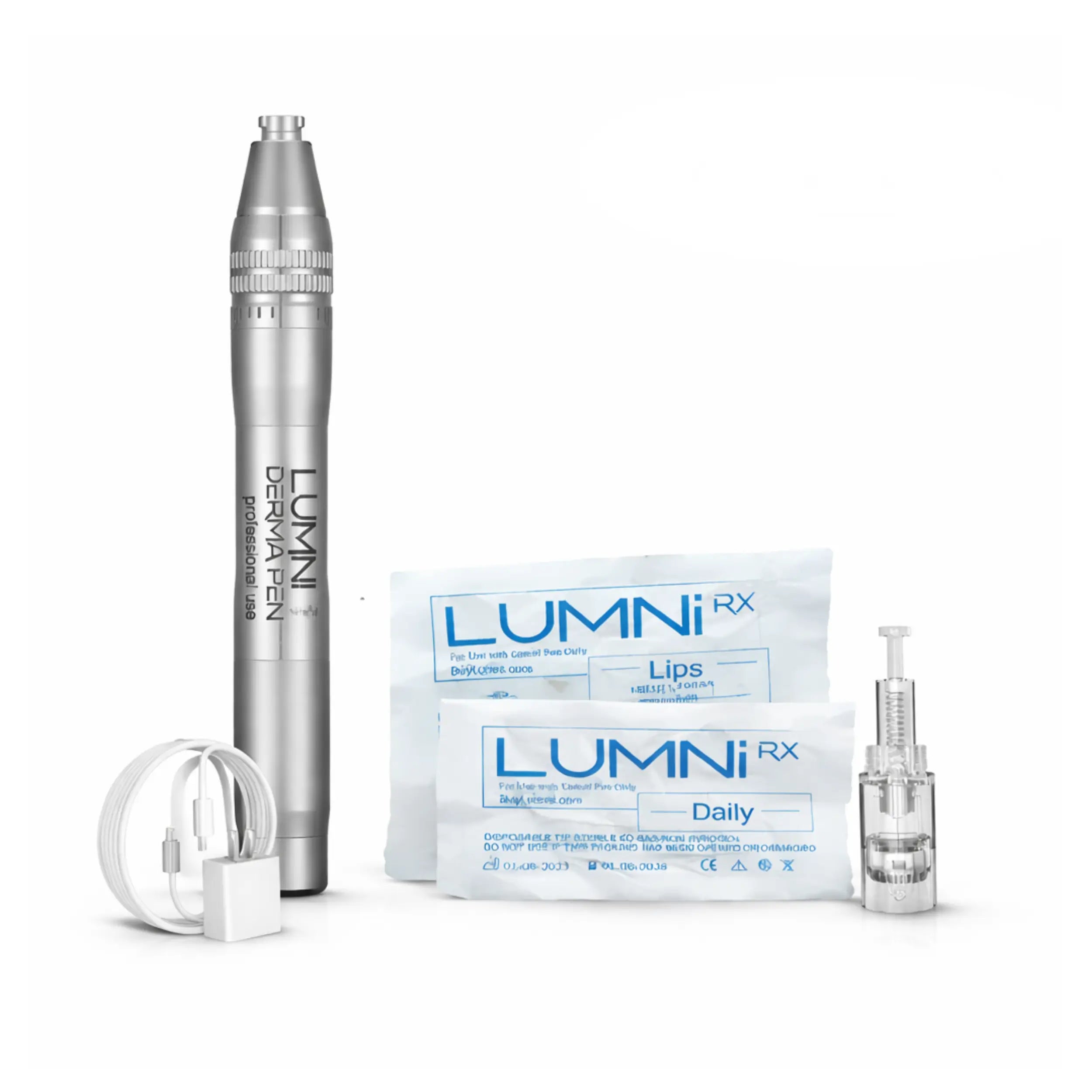 Lumni Professional Microneedling Dermapen kit showing dermapen device, sterile microneedling cartridges and USB charger