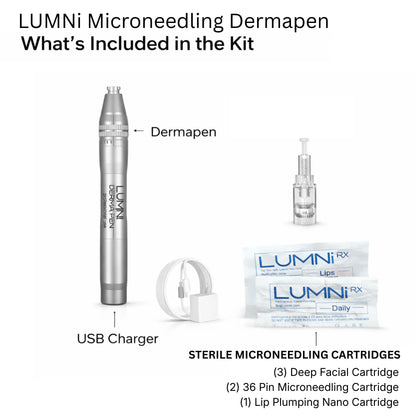 Lumni Professional Microneedling Dermapen kit showing sterile microneedling cartridge and microneedling contents