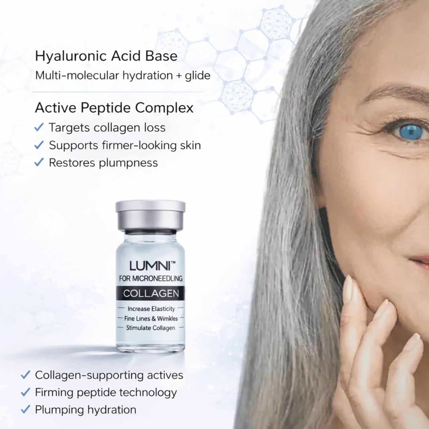 Professional collagen microneedling serum with hyaluronic acid base and peptide complex designed to support collagen loss, firmer-looking skin, and restored plumpness.