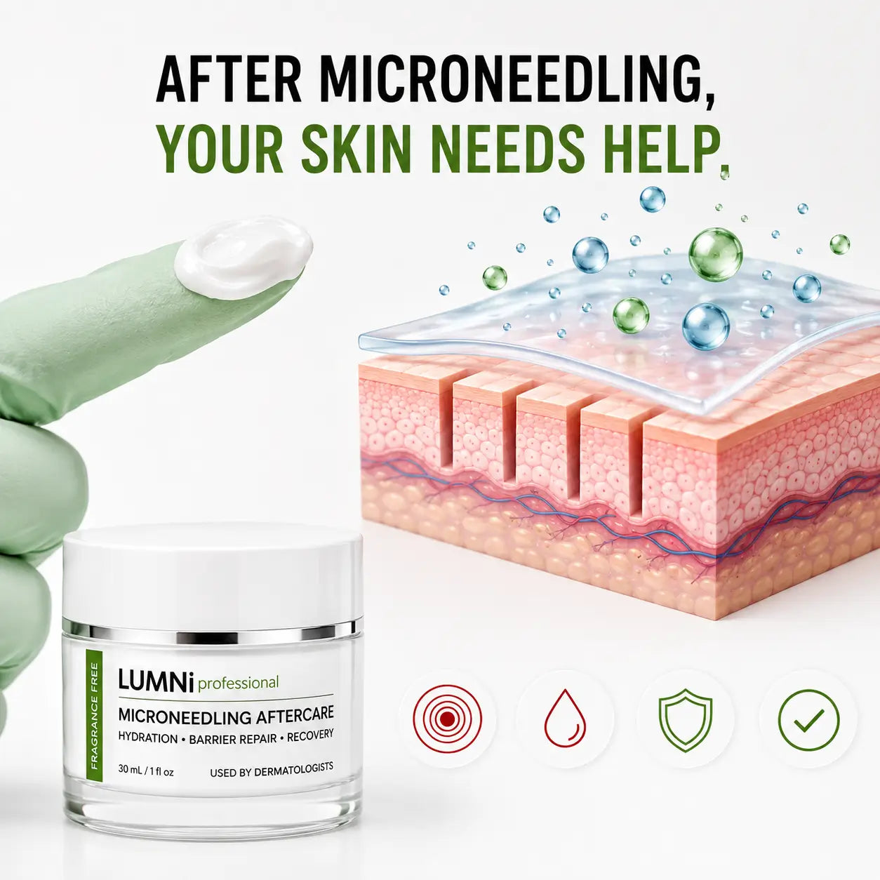Skin barrier illustration showing hydration and recovery support after microneedling treatment