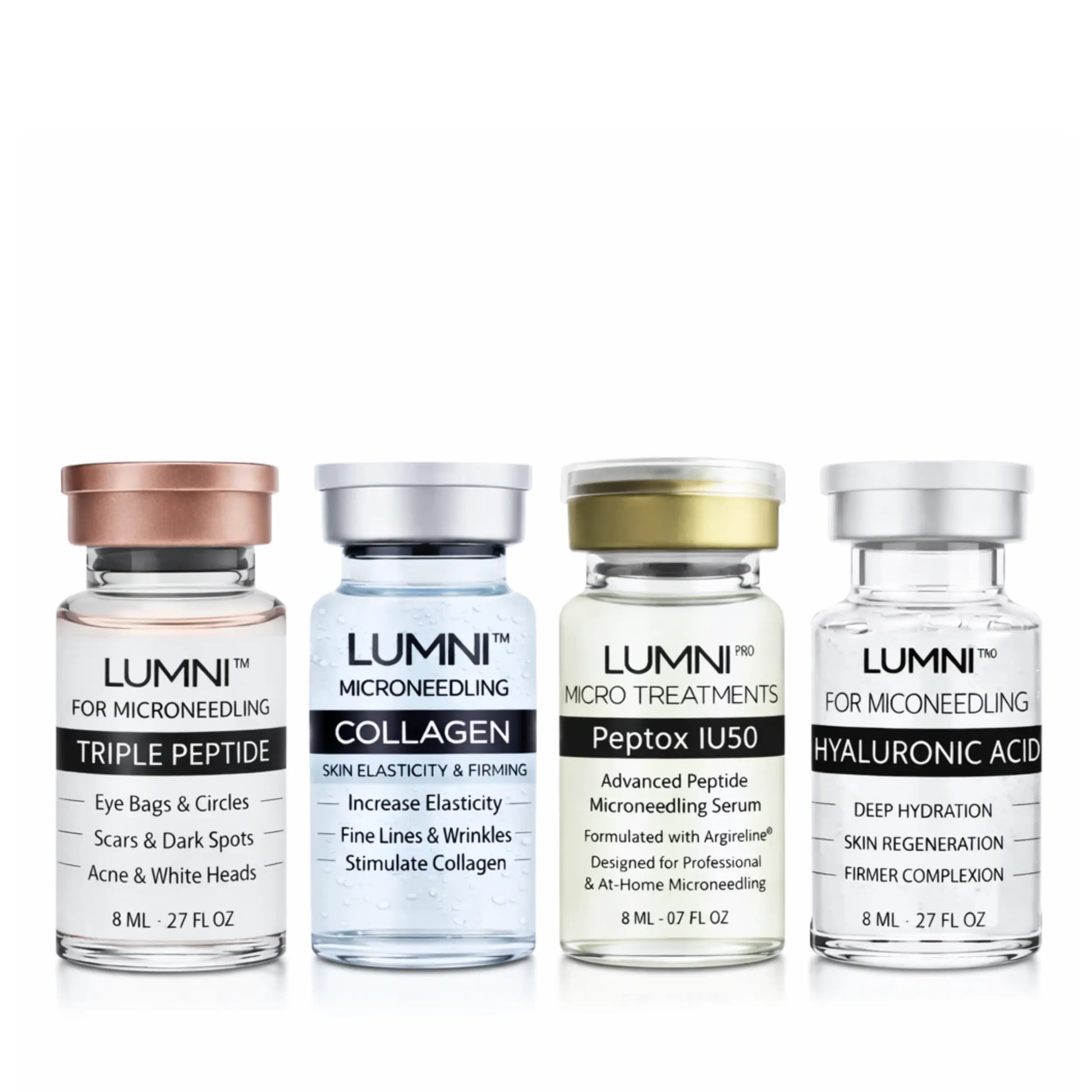 Lumni professional microneedling serum lineup with hyaluronic acid, collagen, Peptox IU50 and triple peptide