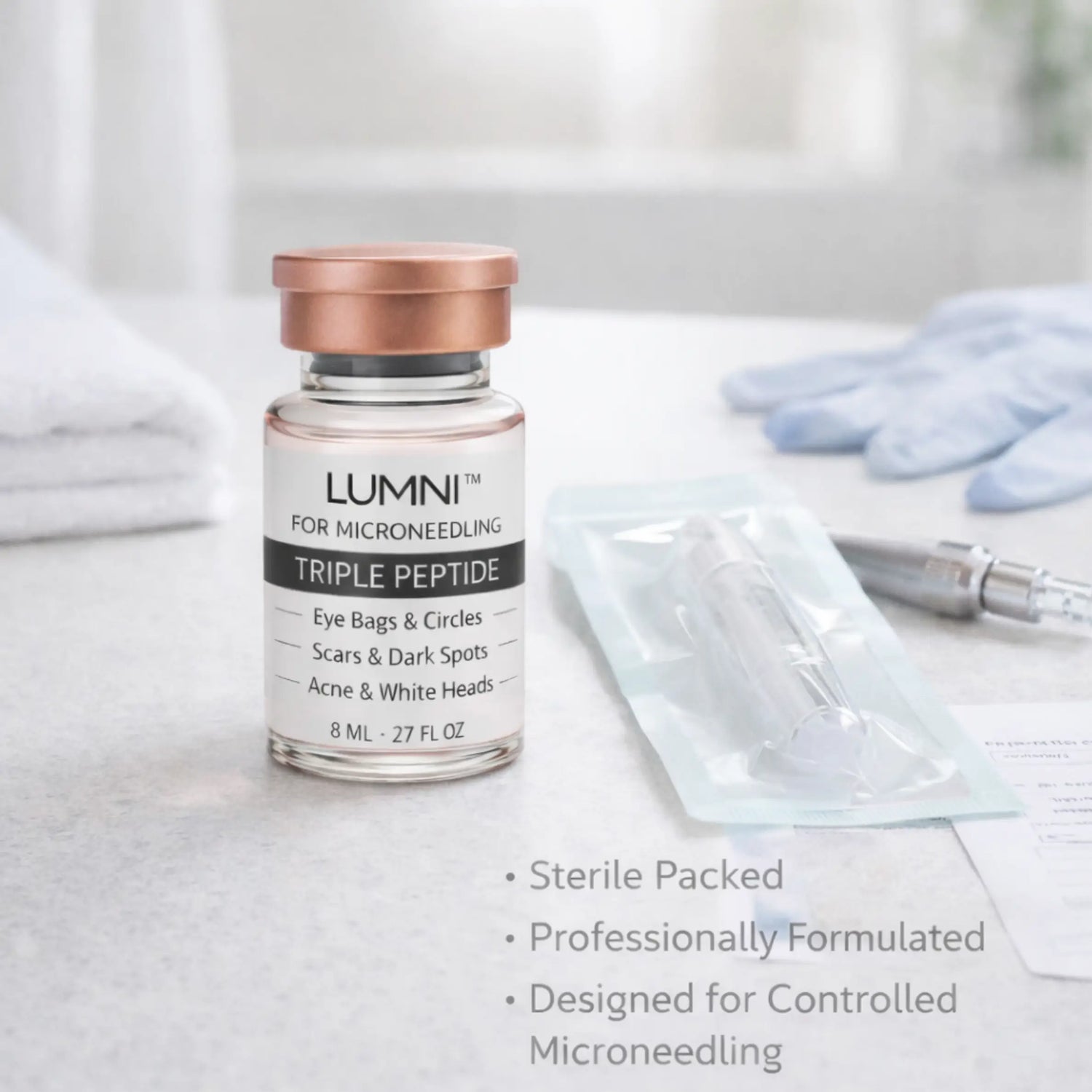 Triple Peptide microneedling serum vial with sterile single-use cartridge and microneedling pen in clean at-home clinical setup