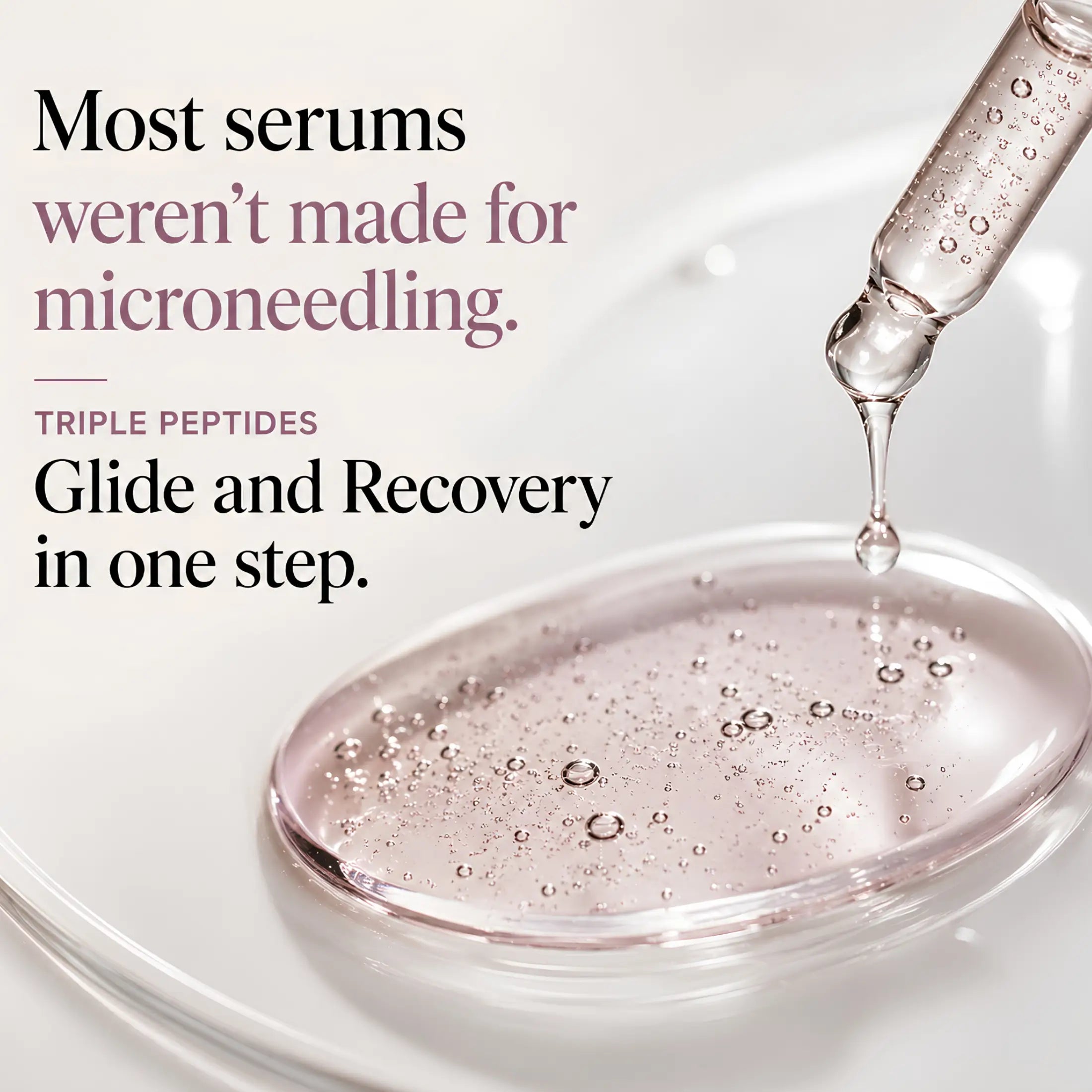 Professional microneedling serum formulated with triple peptides and a hyaluronic acid base to support acne scars, dark spots, visible pores, uneven skin tone, and brighter-looking skin.