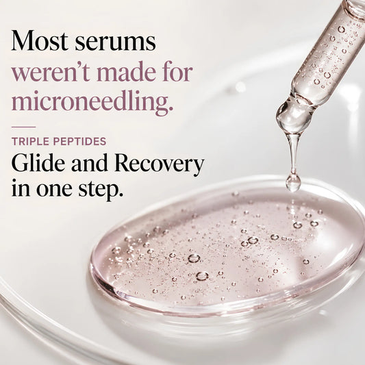 Professional microneedling serum formulated with triple peptides and a hyaluronic acid base to support acne scars, dark spots, visible pores, uneven skin tone, and brighter-looking skin.