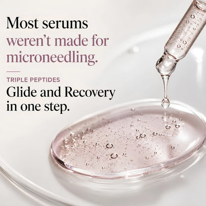 Professional microneedling serum formulated with triple peptides and a hyaluronic acid base to support acne scars, dark spots, visible pores, uneven skin tone, and brighter-looking skin.