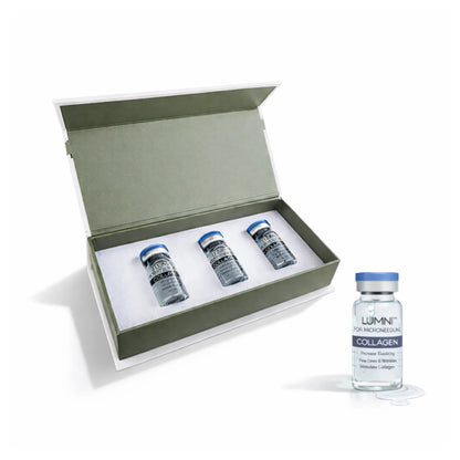 Set of collagen vials in a box with Lumin skincare branding on a white background
