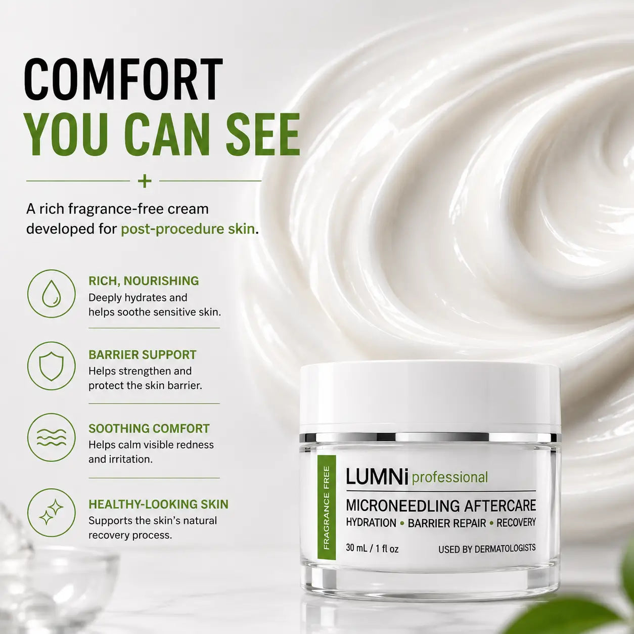 Rich texture of LUMNi Microneedling Aftercare Cream developed for post-procedure skin