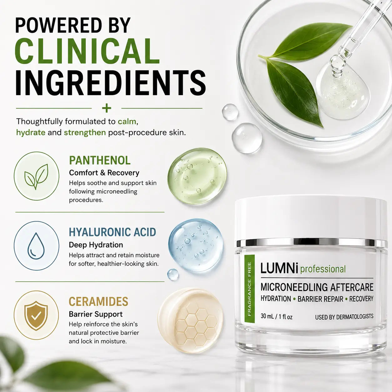 LUMNi Microneedling Aftercare Cream featuring panthenol, hyaluronic acid and ceramides for post-procedure skin support