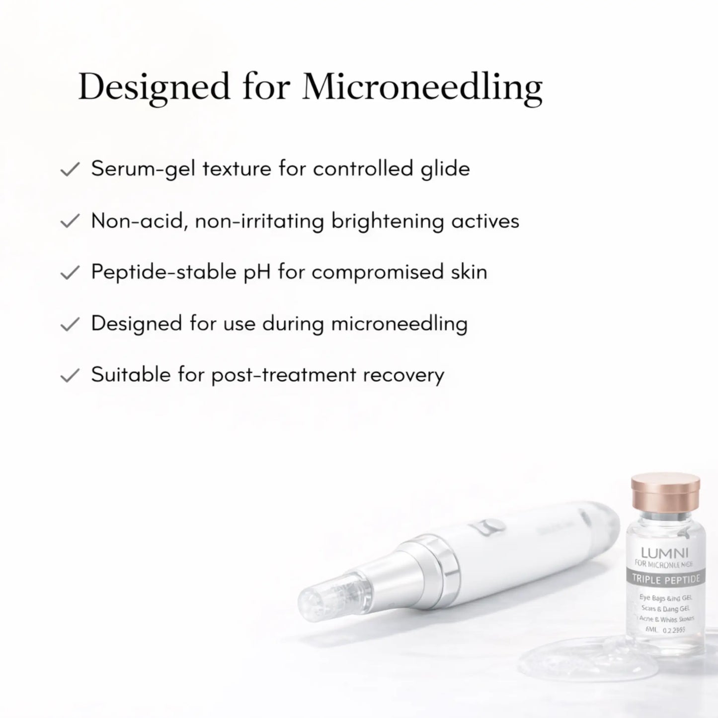 Feature graphic explaining that a triple peptide microneedling gel is formulated with a serum-gel texture, non-acid actives, and peptide-stable pH for microneedling use and post-treatment recovery.