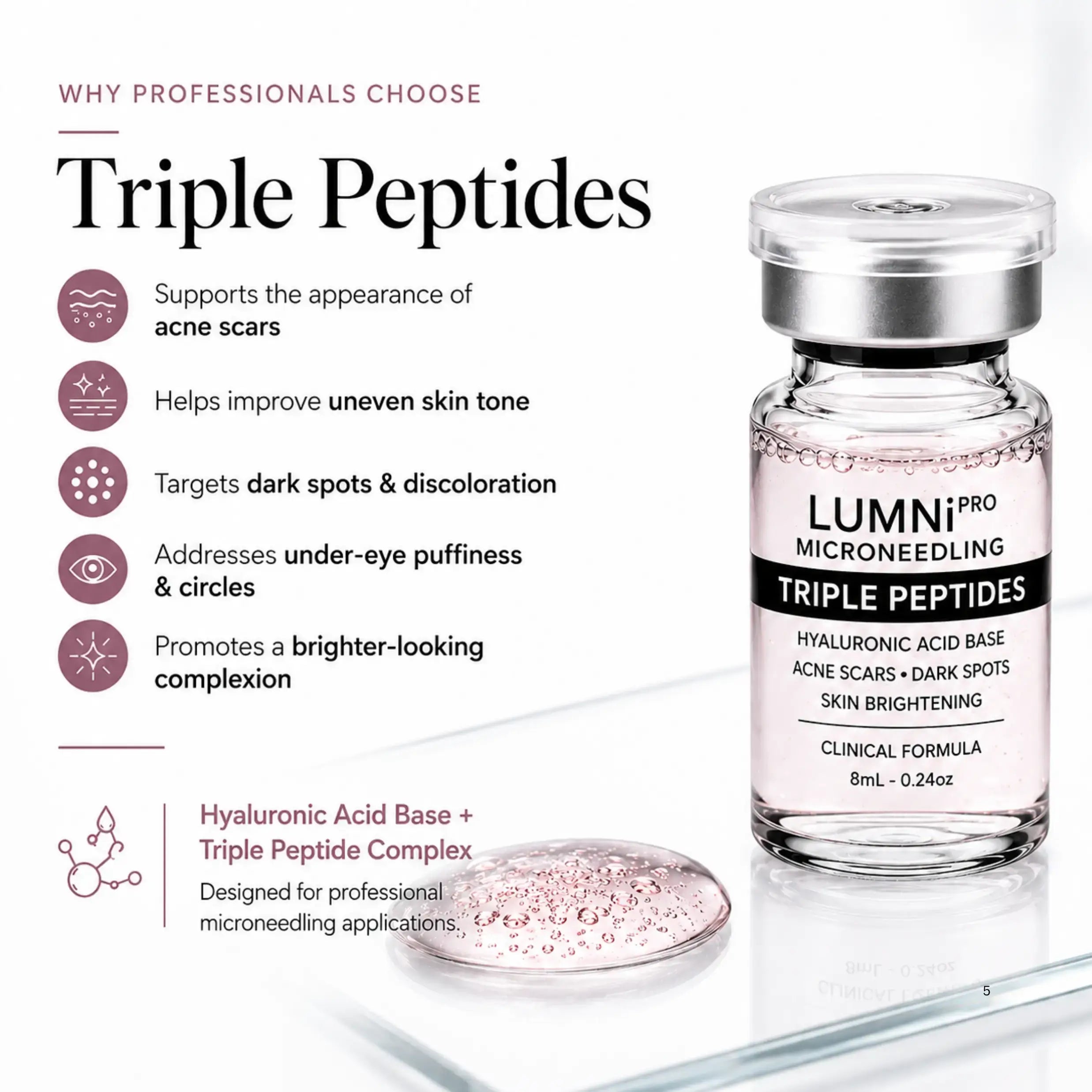 Peptides professional microneedling serum formulated with a hyaluronic acid base and peptide complex to support the appearance of acne scars, dark spots, under-eye puffiness, and skin lightening.