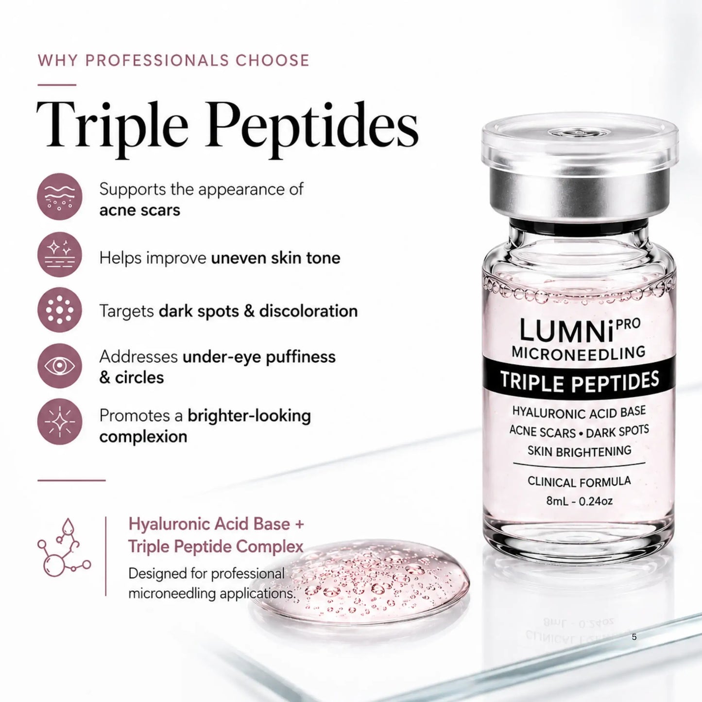 Peptides professional microneedling serum formulated with a hyaluronic acid base and peptide complex to support the appearance of acne scars, dark spots, under-eye puffiness, and skin lightening.