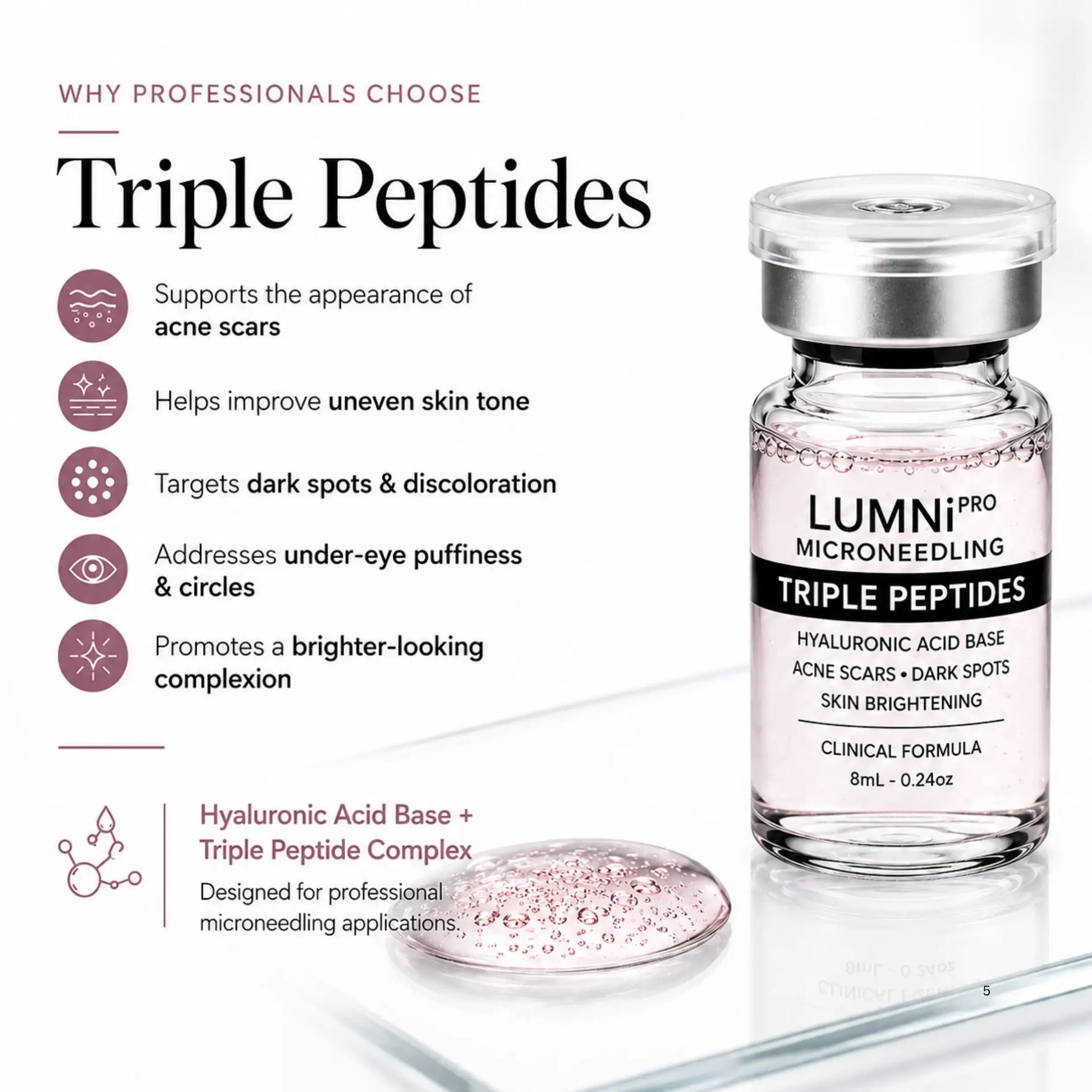 Peptides professional microneedling serum formulated with a hyaluronic acid base and peptide complex to support the appearance of acne scars, dark spots, under-eye puffiness, and skin lightening.