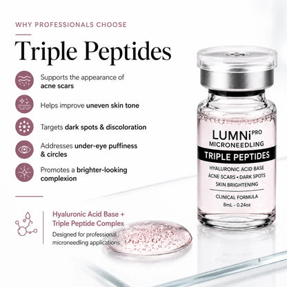 Peptides professional microneedling serum formulated with a hyaluronic acid base and peptide complex to support the appearance of acne scars, dark spots, under-eye puffiness, and skin lightening.